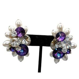 Faux Pearl Rivoli Rhinestone Clip-On Earrings Purple & Clear Stones 1960s Vintag